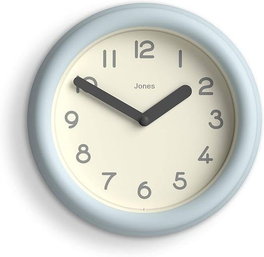JONES CLOCKS® Fuze Wall Clock | Small Round Clock | Pale Blue | Playful Modern Design with Soft sculptural Presence | Ideal for Kitchens Living Rooms Kid's bedrooms