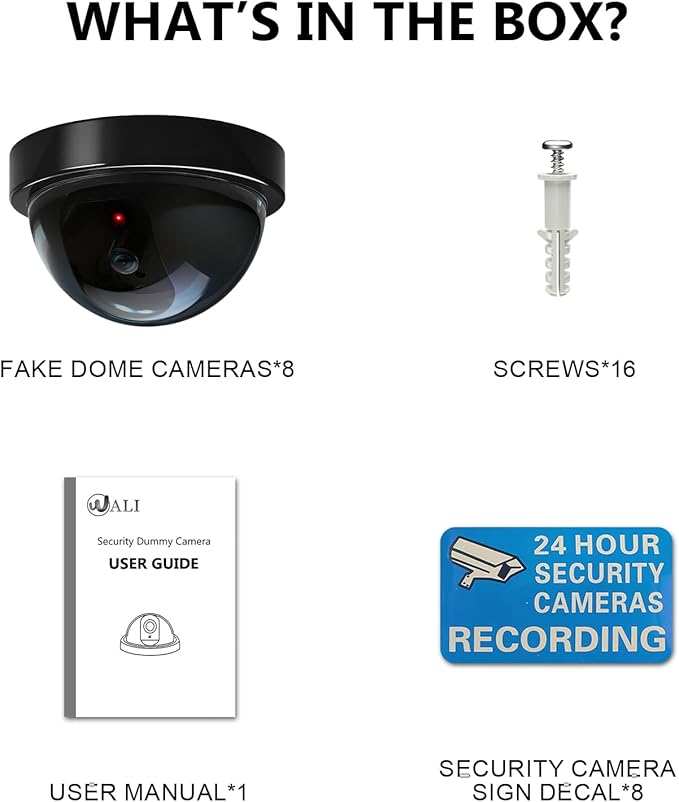 WALI Dummy Fake Security CCTV Dome Camera with Flashing Red LED Light with Security Alert Sticker Decals (SD-8), 8 Packs, Black