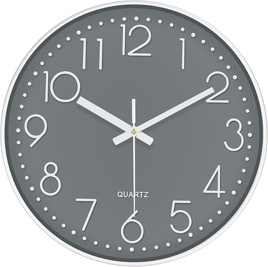 Modern Silent Wall Clock - 12 Inch Wall Clocks Battery Operated Large Number, Non-Ticking Analog Clock with Tempered Glass Quartz Clocks for Living Room Bedroom Office Kitchen, Grey