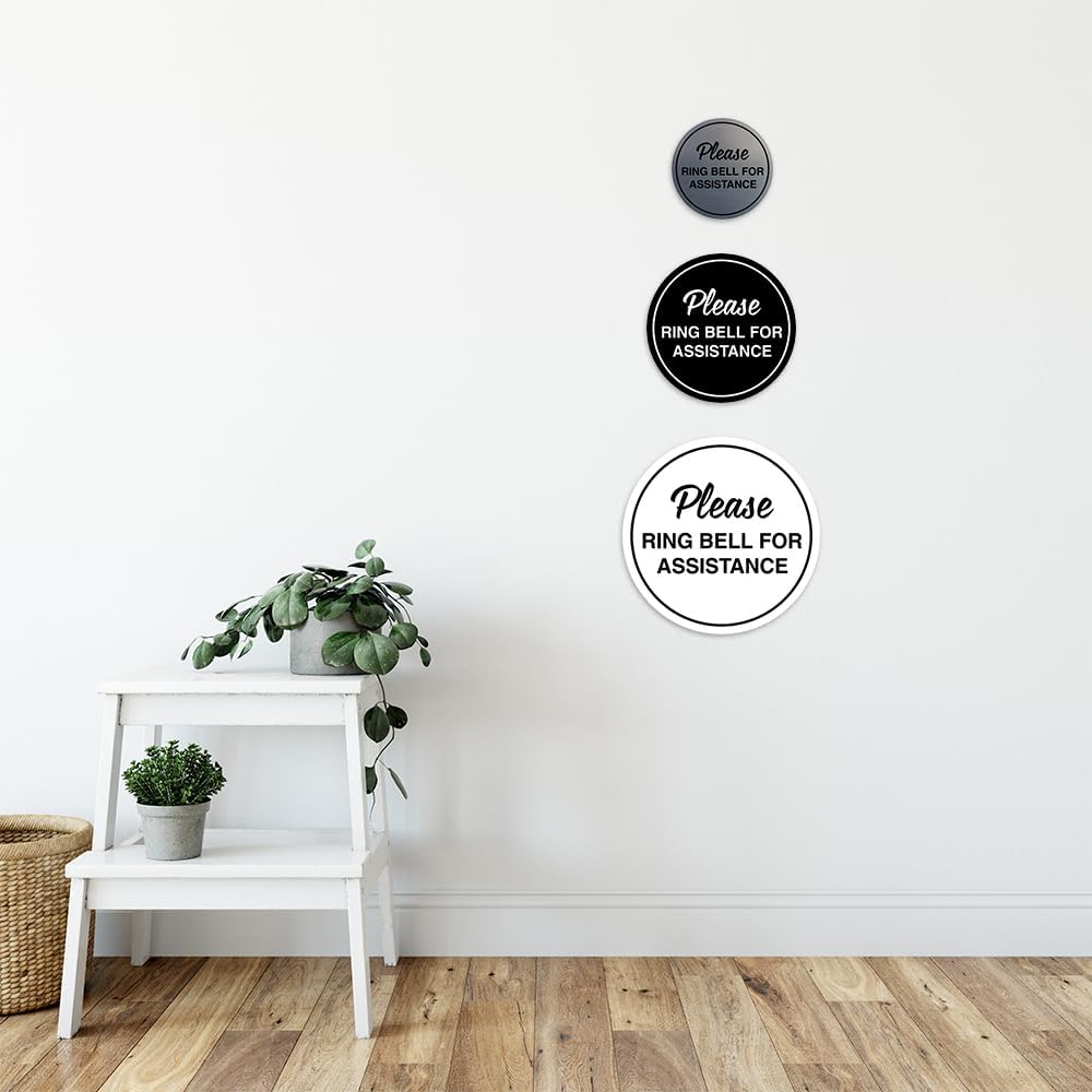 Signs ByLITA Circle Please Ring Bell For Assistance Wall or Door Sign | Easy Installation | Front Desk Reception Sign (White) - Medium (1 Pack)
