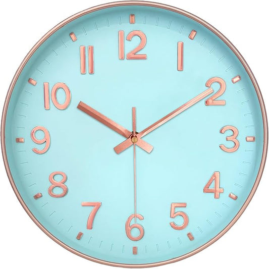 Modern Wall Clock, 10 Inch Digital Wall Clocks Battery Operated, Round Non Ticking Silent Analog Clock for Bedroom Living Room Kitchen Office Gym Classroom Decor, Blue Battery Clock
