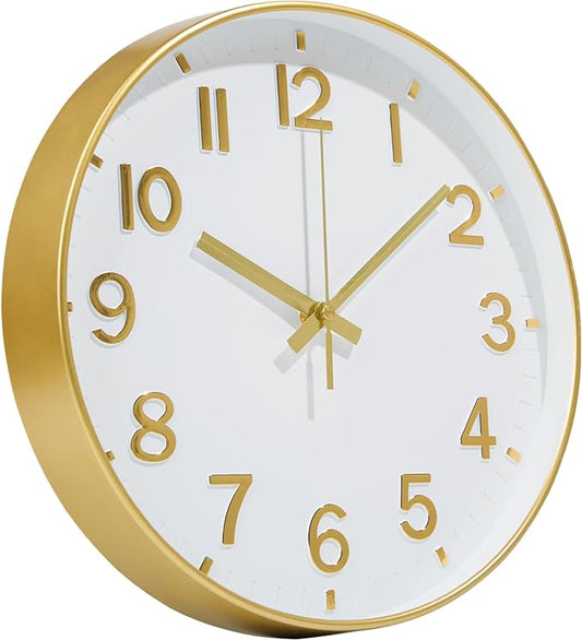 Modern Wall Clock, 10 Inch Digital Wall Clocks Battery Operated, Round Non Ticking Silent Analog Clock for Bedroom Living Room Kitchen Office Gym Classroom Decor, Gold Battery Clock
