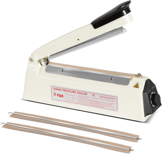 Impulse Heat Sealer with Seal bar, Heavy-Duty Bag Sealing & Cutting Machine, 2 Extra Replacements (white, 8inch)