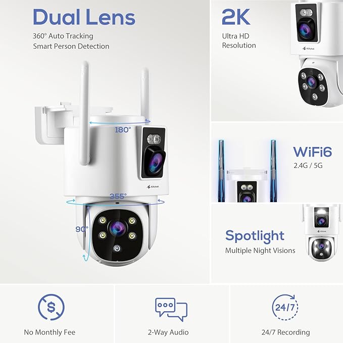 Kittyhok Dual Lens Wireless Security Camera System, 4pcs 2K Outdoor Camera with 2.4/5GHz WiFi, Pan & Tilt, Auto Tracking, Human Detection, Color Night Vision, 16CH Wi-Fi 6 NVR with 1TB HDD, KWDP164