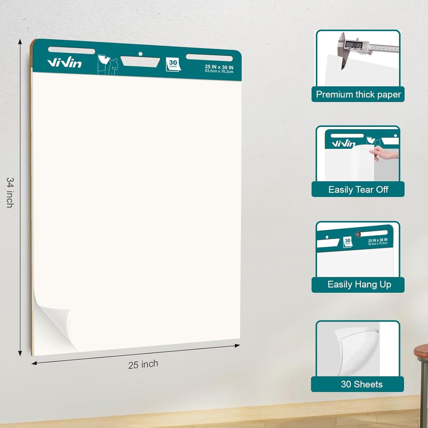 ViVin Super Sticky Easel Pad, 25 x 30 Inches Flip Chart Paper for Teachers, Large Self Stick Easel Paper, Teacher Anchor Chart, 30 Sheets/Pad, 2 Pads/Pack