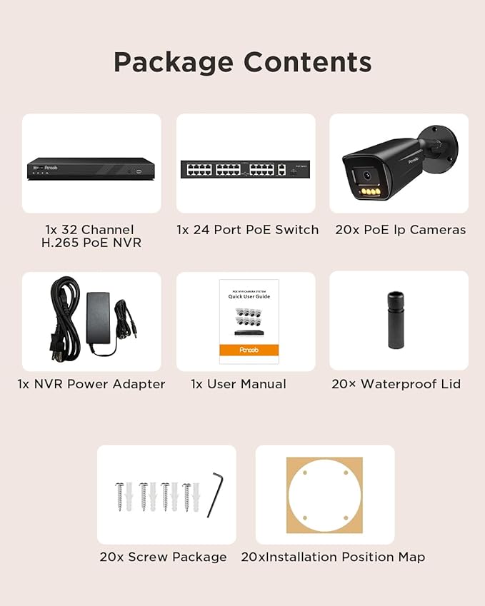 32 Channel Security Camera System 4K, 20x 8MP PoE IP Bullet Cameras, Smart Dual Light Color Night Vision, 2 Way Audio, AI Human Vehicle Detection, Remote Access, 32CH NVR 8TB HDD, PB65B2032-8MD