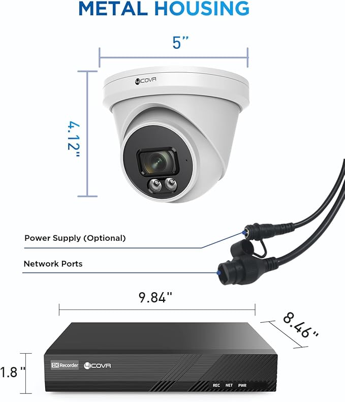 4COVR 4K PoE Security Camera System, Human Vehicle Detection, 4Pcs 8MP 2.8mm 110° Wide Angle Dome IP Camera with Mic, 8CH 8MP H.265 NVR with 2TB HDD, IP67 Home Weatherproof Outdoor, LY97SA8M0804