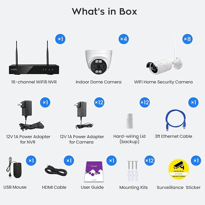 xmartO 16CH 12 Pcs Home Security Camera Kit, 4 * 2K HD Dome Camera and 8 * 2K 3MP Super HD WiFi Home Security Camera, 2-Way Audio, Night Vision, 24/7 Surveillance Camera, No Monthly Fee