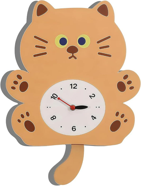FASHION in THE CITY Adorable Cat Themed Swing Wall Clock - Silent Non-Ticking Pendulum Clock, Easy to Read Analog Clock for Cat Lovers, Nursery, Kitchen, Cute Home Decor Gift (YBZ001-Yellow)