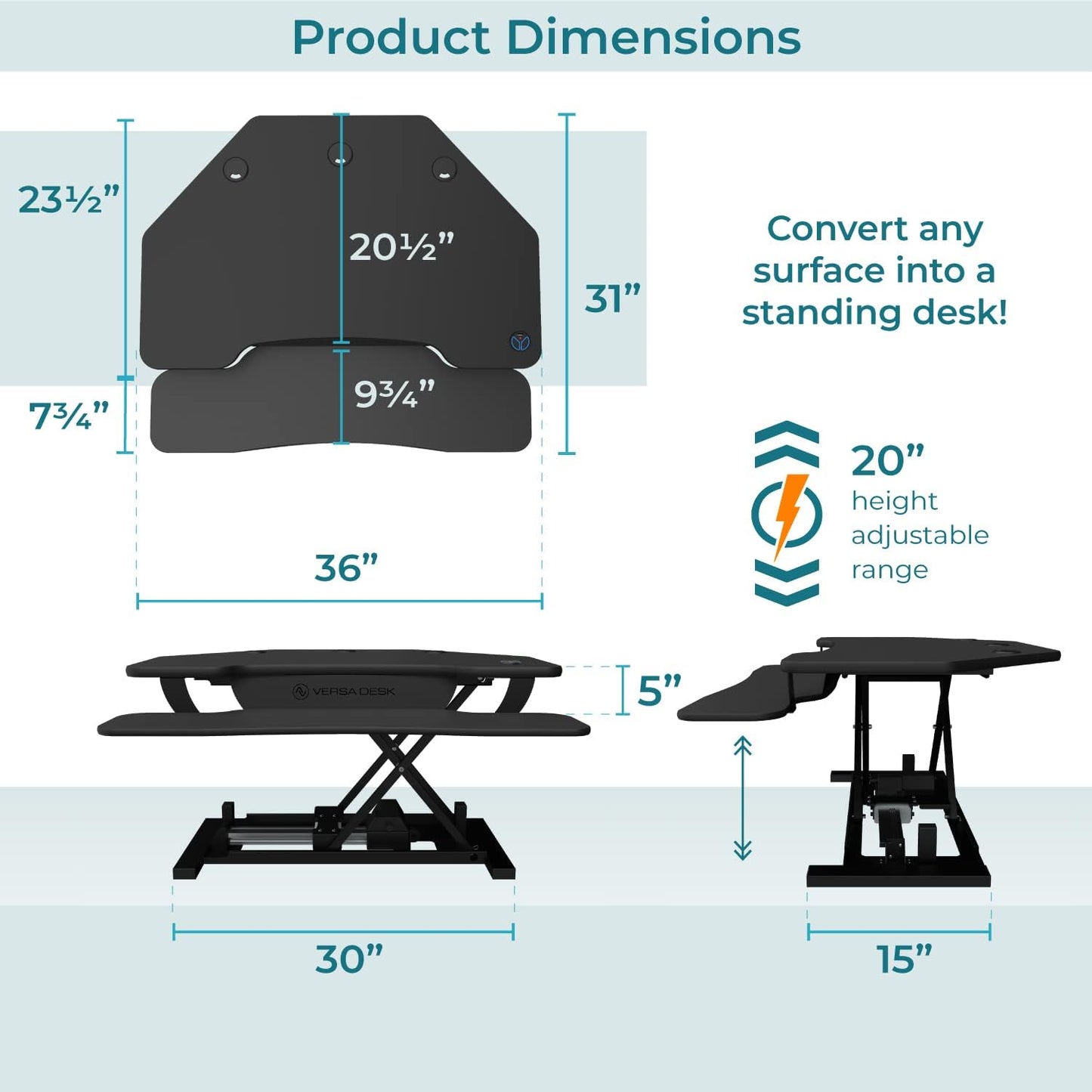VERSADESK® PowerPro™ 36" Corner Standing Desk Converter, 36 Inch Motorized Height-Adjustable Standup Desk Riser Sit to Stand Desktop with Keyboard and Mouse Tray + USB Charging Port, Black