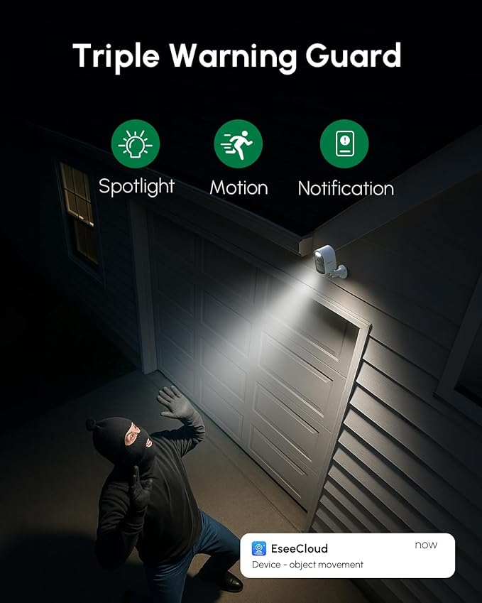 Wireless Solar Security Camera 2K/4MP, Battery Powered with Solar Panel, 5GHz & 2.4GHz WiFi, Color Night Vision, Motion Alerts, Spotlight Alarm, APP Remote, Works as Extra Camera for 4CH Kit