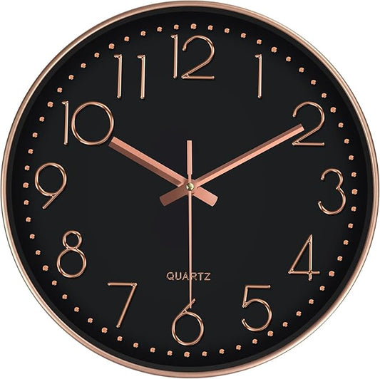 Modern Silent Wall Clock - 12 Inch Wall Clocks Battery Operated Large Number, Non-Ticking Analog Clock with Tempered Glass Quartz Clocks for Living Room Bedroom Office Kitchen, Black Rose Gold