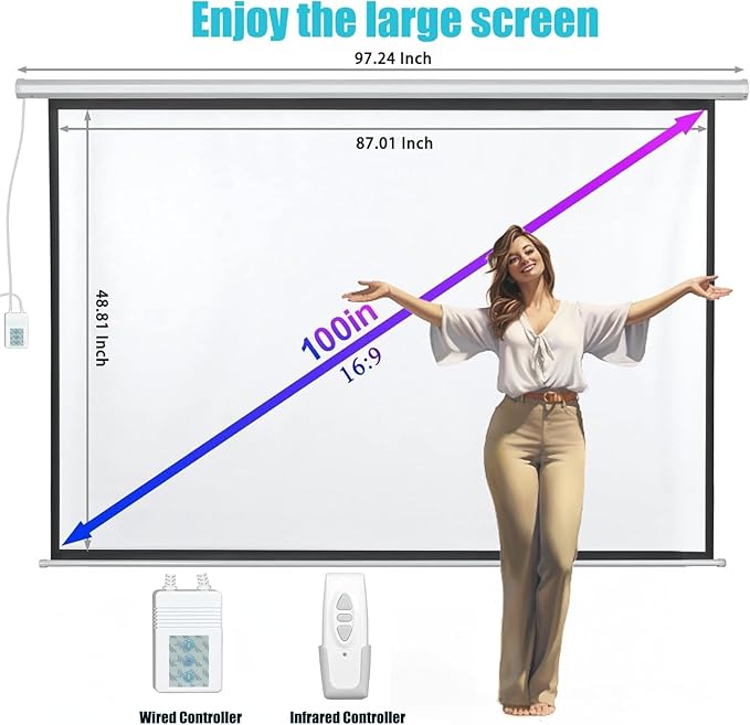 100" Motorized Projector Screen, Electric 16:9 Projector Screen with Remote Control, Indoor/Outdoor HD Movie Screen, Wall/Ceiling Mounted, Perfect for Home Office Theater TV, White