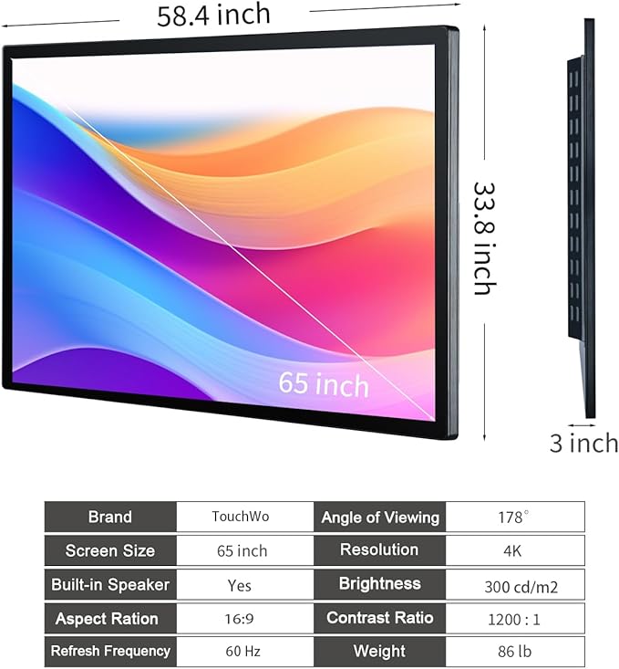 65 inch Interactive Touchscreen Monitor, Smart Board with 4K Display, Win-11 Electronic Whiteboard Touch Screen PC for Office and Classroom, Core i7 RAM 8G & ROM 512G