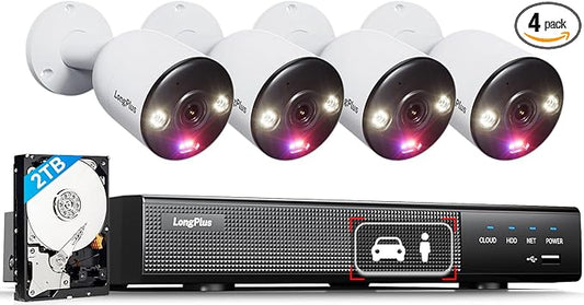 LongPlus 12MP Wired Home Security Camera System, 4pcs 12 Megapixel UHD PoE Surveillance Cameras, Person Vehicle Detection, Spotlight Color Night Vision, 8CH NVR with 2TB HDD, LP12ME84B1