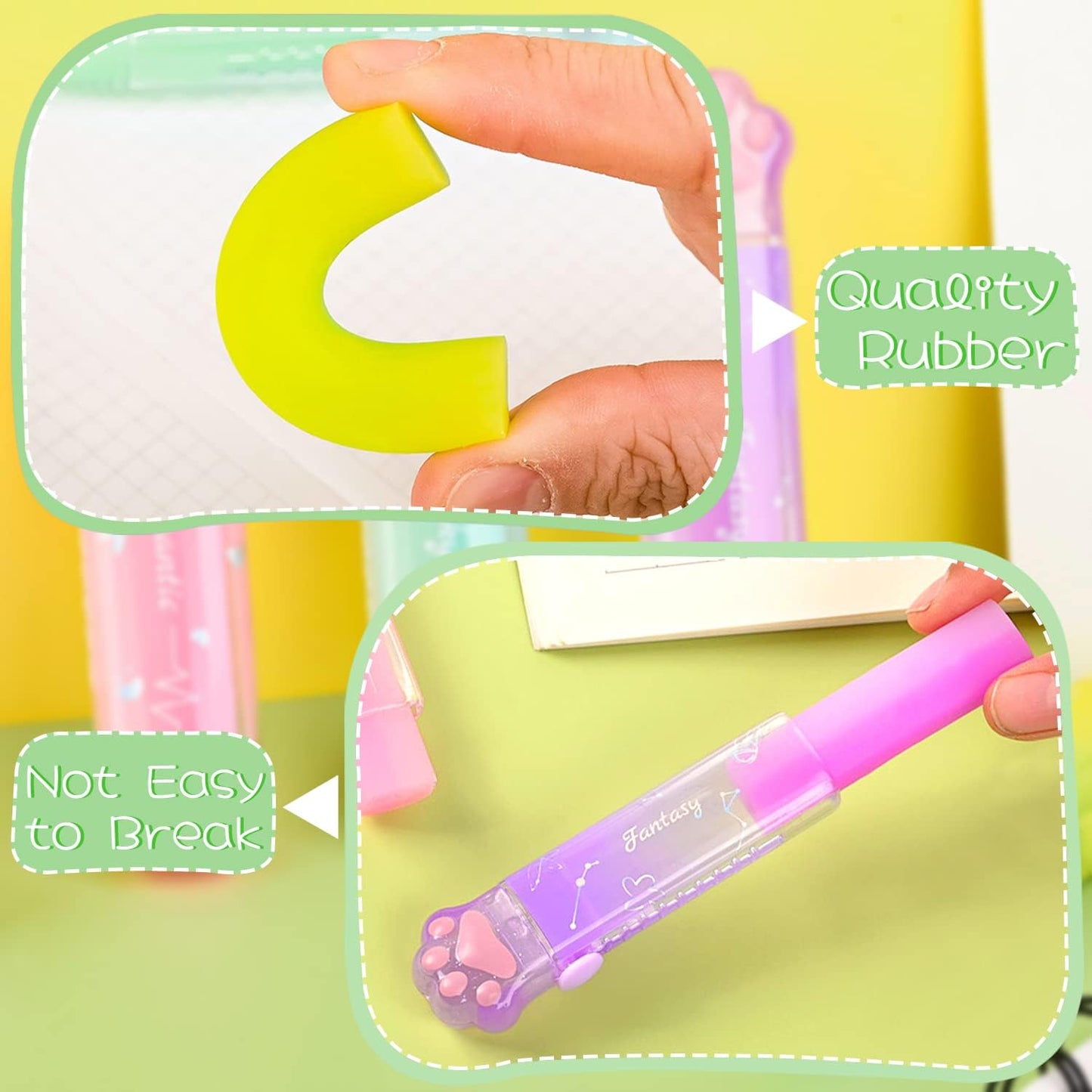 Benvo 4Pcs Sliding Retractable Pencil Erasers with Cat Paw Plastic Sleeve Cute Jelly Erasers for School Office Clean Erase Rubber(Gradient Color)