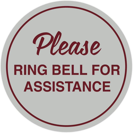 Signs ByLITA Circle Please Ring Bell For Assistance Wall or Door Sign | Easy Installation | Front Desk Reception Sign (Light Grey/Burgundy) - X-large (10 Pack)