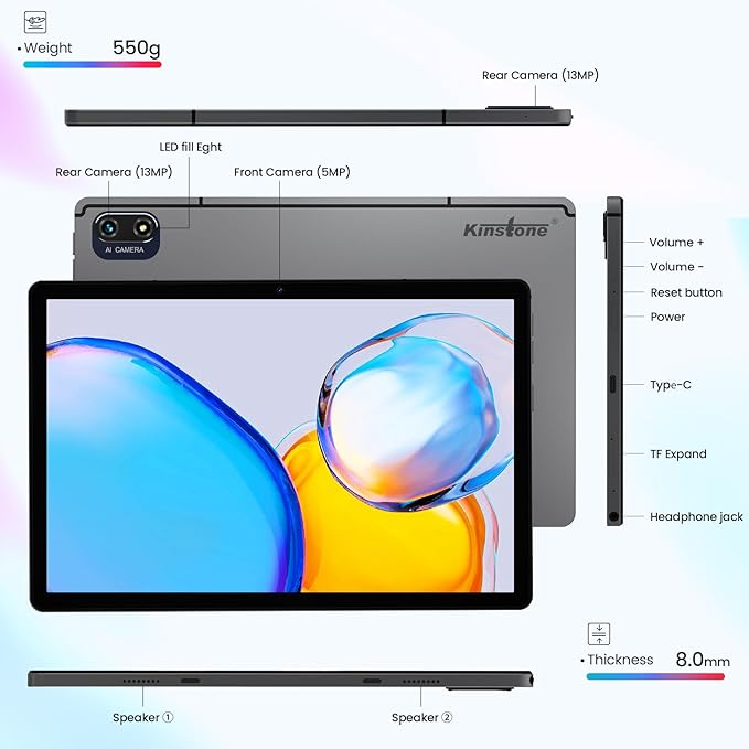 kinstone 10.1 Inch Android Tablet - Octa-Core 2.0GHz MTK8183 Processor, 8GB RAM 256GB ROM Expandable 1TB, 13MP Dual Camera, 1920x1200 FHD Display, 6000mAh Battery, Dual WiFi 2.4G/5G, Bluetooth 5.0