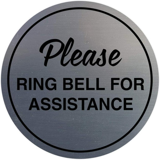 Signs ByLITA Circle Please Ring Bell For Assistance Wall or Door Sign | Easy Installation | Front Desk Reception Sign (Brushed Silver) - Medium (5 Pack)