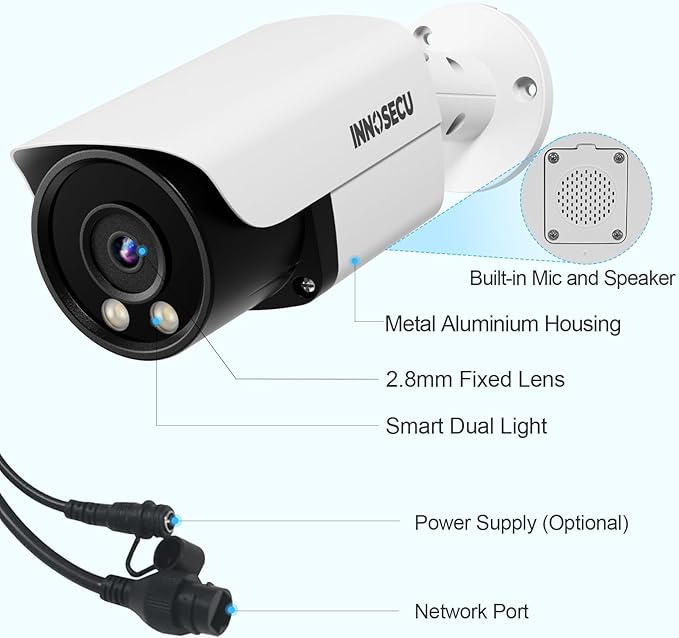 4MP Bullet IP PoE Camera Outddor, Smart Dual Light Security Camera, Color Night Vision, Built-in Two-Way Audio, 2.8mm Lens 110°, Waterproof IP67, Human/Viehcle Detection, INB4FD37Y