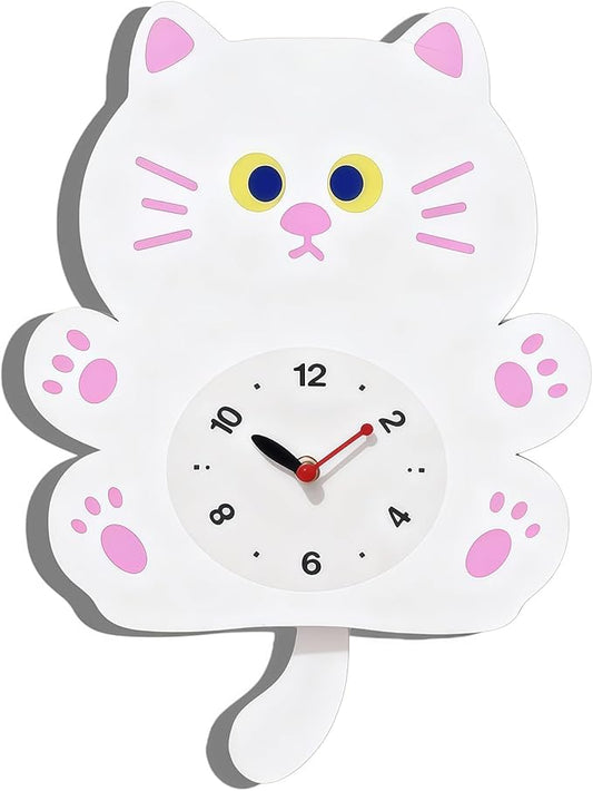 FASHION in THE CITY Adorable Cat Themed Swing Wall Clock - Silent Non-Ticking Pendulum Clock, Easy to Read Analog Clock for Cat Lovers, Nursery, Kitchen, Cute Home Decor Gift (YBZ001-White)