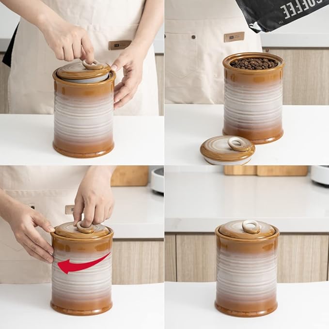 Nihow Ceramic Food Storage Jar Sets: Container with Air Tight Ceramic Lid for Flour/Sugar/Rice/Coffee/Cookies/Candy - Seal Damp-proof Canister for The Kitchen - Set of 3 （Brown）