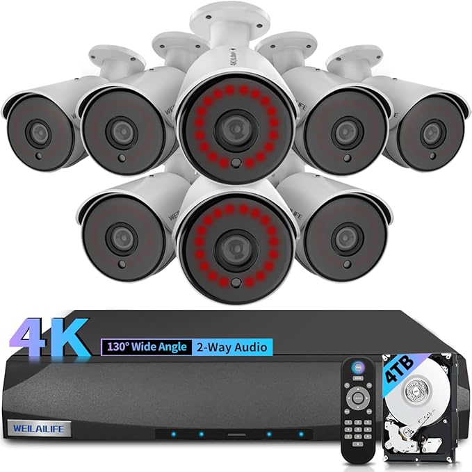 【130° Wide Angle】 4K Wired Security Camera System Outdoor Home Video Security Systems POE Security Surveillance Cameras