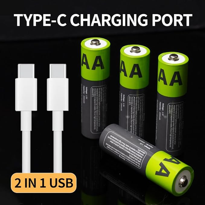 2000mAh USB-C Rechargeable AA Batteries, 1200 Cycles Life, Fast Charging with Type-C Cable, for Gaming Controllers, Mouse, Keyboard & Home Electronics, Black Green (12)
