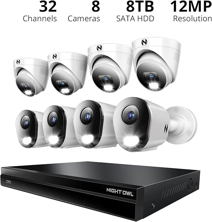 2-Way Audio 32 Channel 12MP NVR with 8TB HDD and 8 Wired IP 4K Deterrence Cameras - 4 Bullet 4 Dome