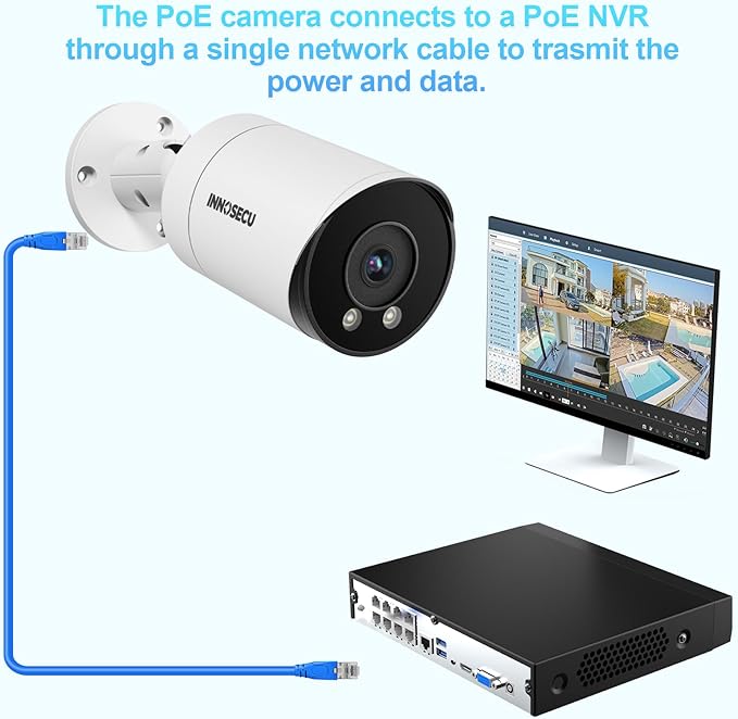 4MP PoE Camera with 2.8mm Lens 110° Wide Angle Viewing, Outdoor Security IP Bullet Camera, Waterproof IP67, 100ft Night Vision, Built-in Mic/Audio, Human/Vehicle Detection, INB4FR49E