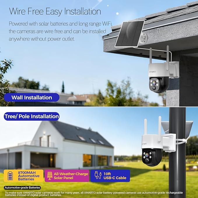 [Night Color] XMARTO 10CH 6Pcs 2K HD Wireless Solar Security Camera System with Starlight Color Night Vision, PTZ Control, Long Range WiFi6, HDMI View on Monitor, 0 Monthly Fee, 64GB Micro SD