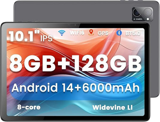 Azeyou Tablet 10.1 inch, Android 14 Tablet, 8GB 128G Computer Tablets, Octa Core Processor 6000mAh Battery, 1280x800 IPS Touch Screen, 5+8MP Dual Camera, Bluetooth,GMS, WiFi (Metal Gray)