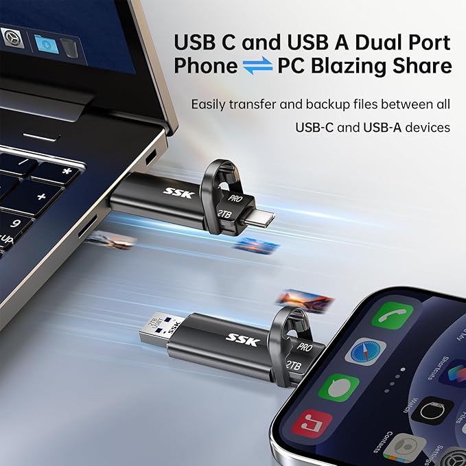 SSK USB Flash Drive 2TB SSD External, TLC NAND Solid State Drive Dual USBC & USBA Ports, Up to 1000MB/s High-Speed Portable 1TB USB Thumb Drive Stick for iPhone 15/16/17 Pro, Mac, Android, PC Backup