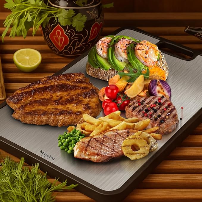 Mushu Titanium Cutting Boards for Kitchen,Upgrated Double Sided Food-Grade 100% Pure Titanium w/Wheat Straw PP Chopping Board for Meat Vegetable Fruit,Easy to Clean,Kitchen Gifts Large Size