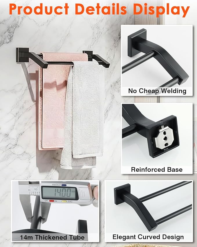 Alise Double Bath Towel Bars Towel Racks for Bathroom,Wall Mount Towel Holder Heavy Duty 16-Inch Towel Hanger Rail,GK9400-B SUS304 Stainless Steel Matte Black