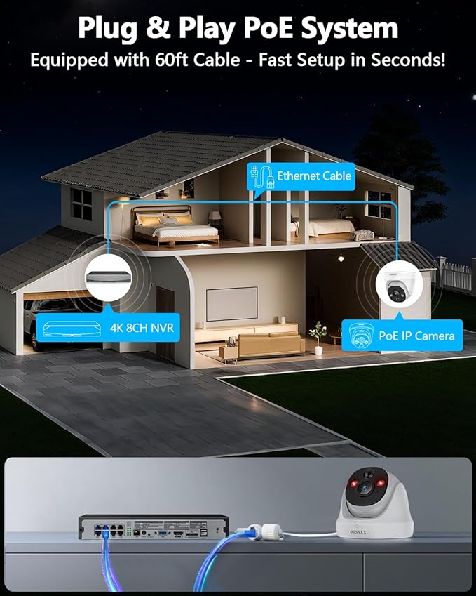 OOSSXX (4K HD & 130° Ultra Wide-Angle 2-Way Audio 8MP Wired Dome, 8Pcs PoE IP Cameras for Home Security Outdoor Camera System, Pet Surveillance Video Indoor, Smart PIR Detection, DVR Kits