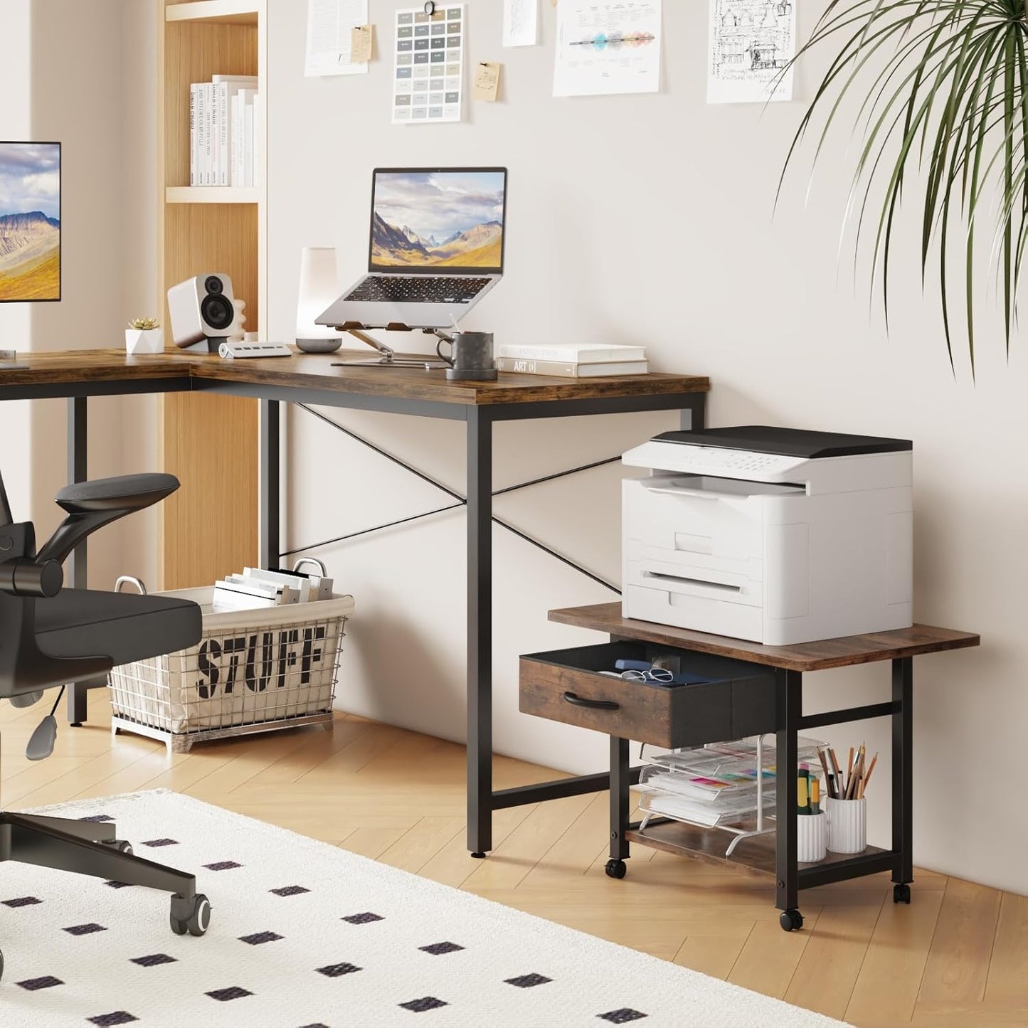 22"x15" Large Printer Stand with Storage Drawer, 2-Tier Under Desk Printer Table for Home Office, Printer Cart fit Fax Machine/3D Printer/Scanner(Brown)
