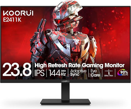KOORUI 24 Inch Gaming Monitor 144Hz Full HD 1920 x 1080p IPS Ultra-Slim Display with HDMI VGA, Adaptive Sync, 99% SRGB, VESA 100x100mm, Eye Care, Tilt, Black, E2411K
