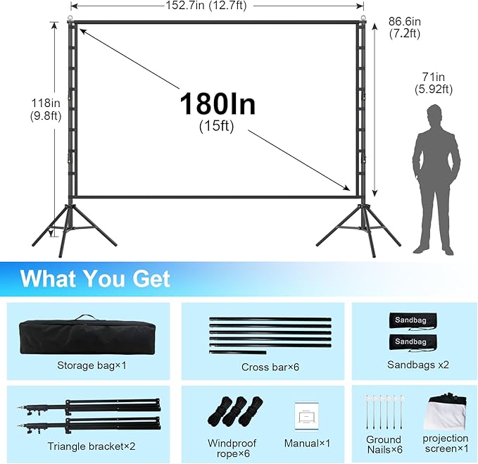 Outdoor Projector Screen and Stand，180-in Portable Projector Screen 15 FT Large Projection Screen，16:9 4K HD Rear Front Wrinkle-Free Movie Screen with Carry Bag for Backyard,RVing Night,Party