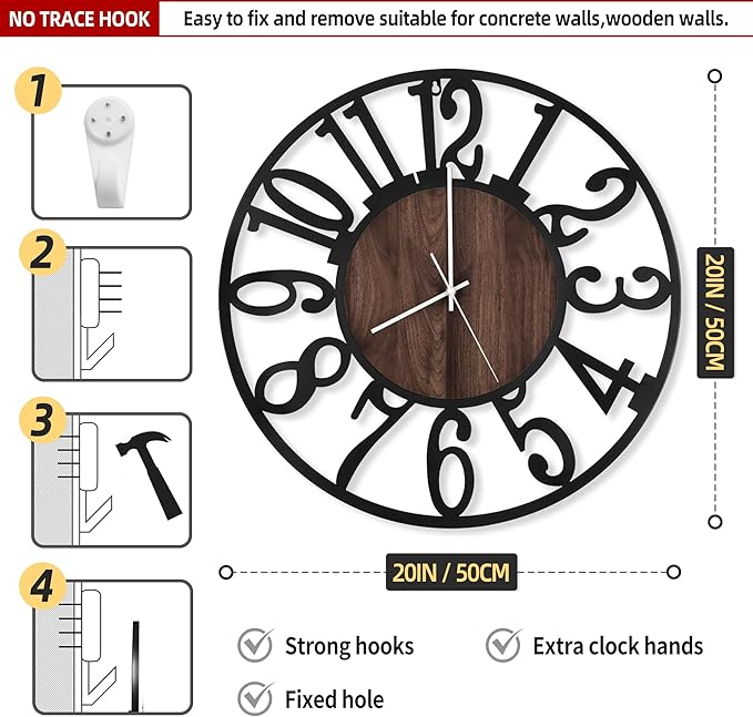 LEIKE Large Wall Clocks with Night Light Battery Operated,Silent Non Ticking,Rustic Modern Big Wood Clock for Living Room, Bedroom,Kitchen,Farmhouse,Office,Home Decor-20 Inch(Black-Arabic Number)
