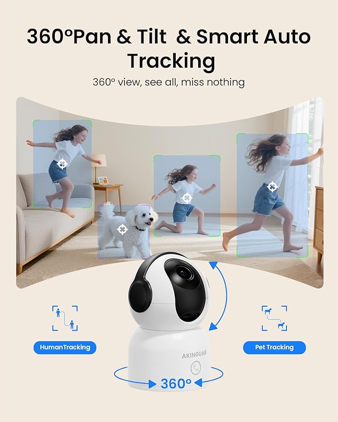 4K 8MP WiFi Camera, 360°Pan/Tilt Indoor Camera, 2-Way Talk, One-Touch Calling, Full-Color Night Vision in Low Light, Smart AI Detection, Auto Tracking, for Kids/Elderly/Pets, Black