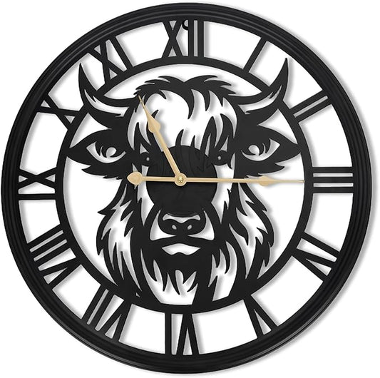 30inch Large Wall Clocks for Living Room Decor,Big Wall Clocks Battery Operated, Slient Black Metal Decorative Oversized Wall Clock for Bedroom, Kitchen (Highland Bull Wall Clock, 30 Inch)