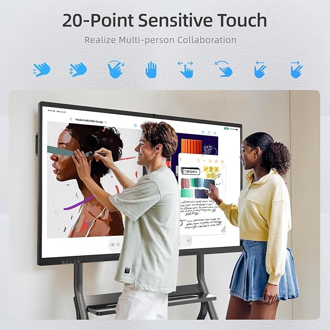 75" Smart Board for Business, Large Interactive Whiteboard with Multi-Touch, 4K Electronic Board with Screen Sharing, Bluetooth/WiFi/HDMI, Camera & Mic, Android 13,8+128G (Wall Mount Included)