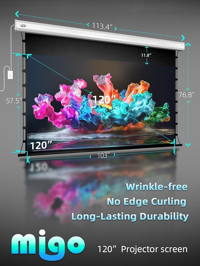MIGO 120 Inch Projector Screen Pull Down, 2.0 Gain 4K HD Tab-Tension Motorized Partial Ambient Light Projector Screen Wall/Ceiling Mount for Short Throw Projector Indoor Home Theater Cinema Office