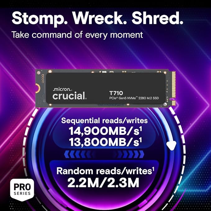 Crucial T710 PCIe Gen5 NVMe 4TB SSD, Up to 14,900 MB/s, Laptop & Desktop Compatible (PC), for Creatives and Hardcore Gamers, Solid State Drive, Includes 1Mo Adobe CC – CT4000T710SSD8-01