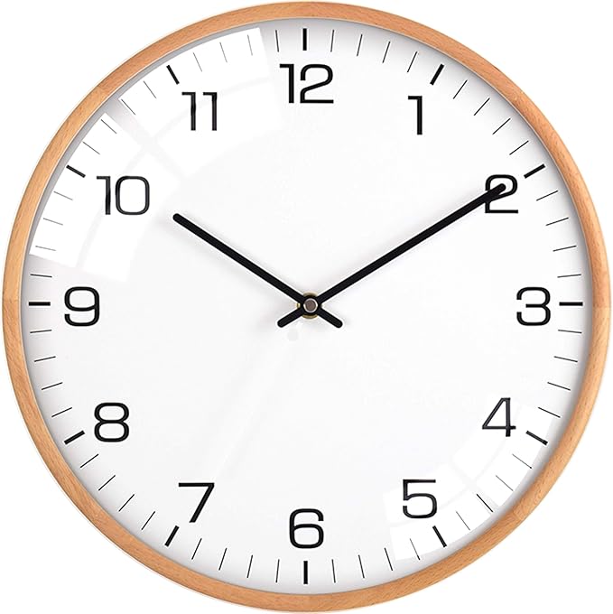 Driini Analog Dome Glass Wall Clock (12") - Wood Frame with White, Modern Face - Battery Operated with Non Ticking Hands - Large Decorative Clocks for Classroom, Office, Living Room, or Bedrooms.