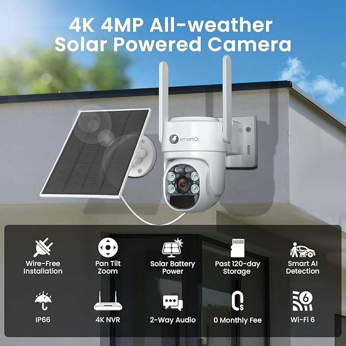 xmartO 100% Wire-Free Solar PTZ Home Security Camera System Wireless, 8-Set 2K 4MP QHD CCTV Camera Kit with 4K 10CH Expandable WiFi NVR and Past 90-Day Video Storage, All-Weather Solar Charge