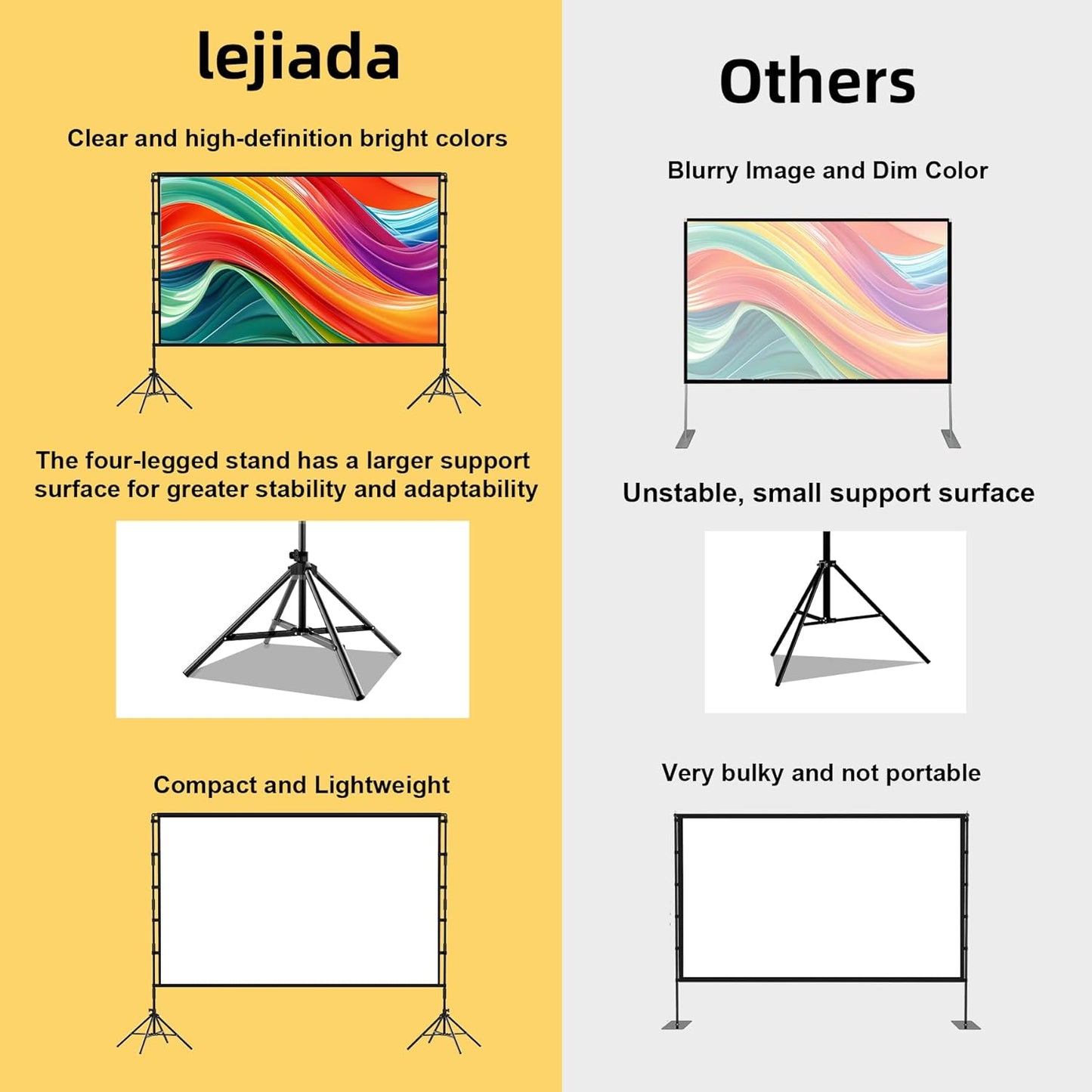 Projector Screen and Stand,120 inch lejiada Black Projection Screen with Stand Portable Foldable Movie Screen with Carry Bag for Indoor Outdoor Home Theater Backyard Cinema