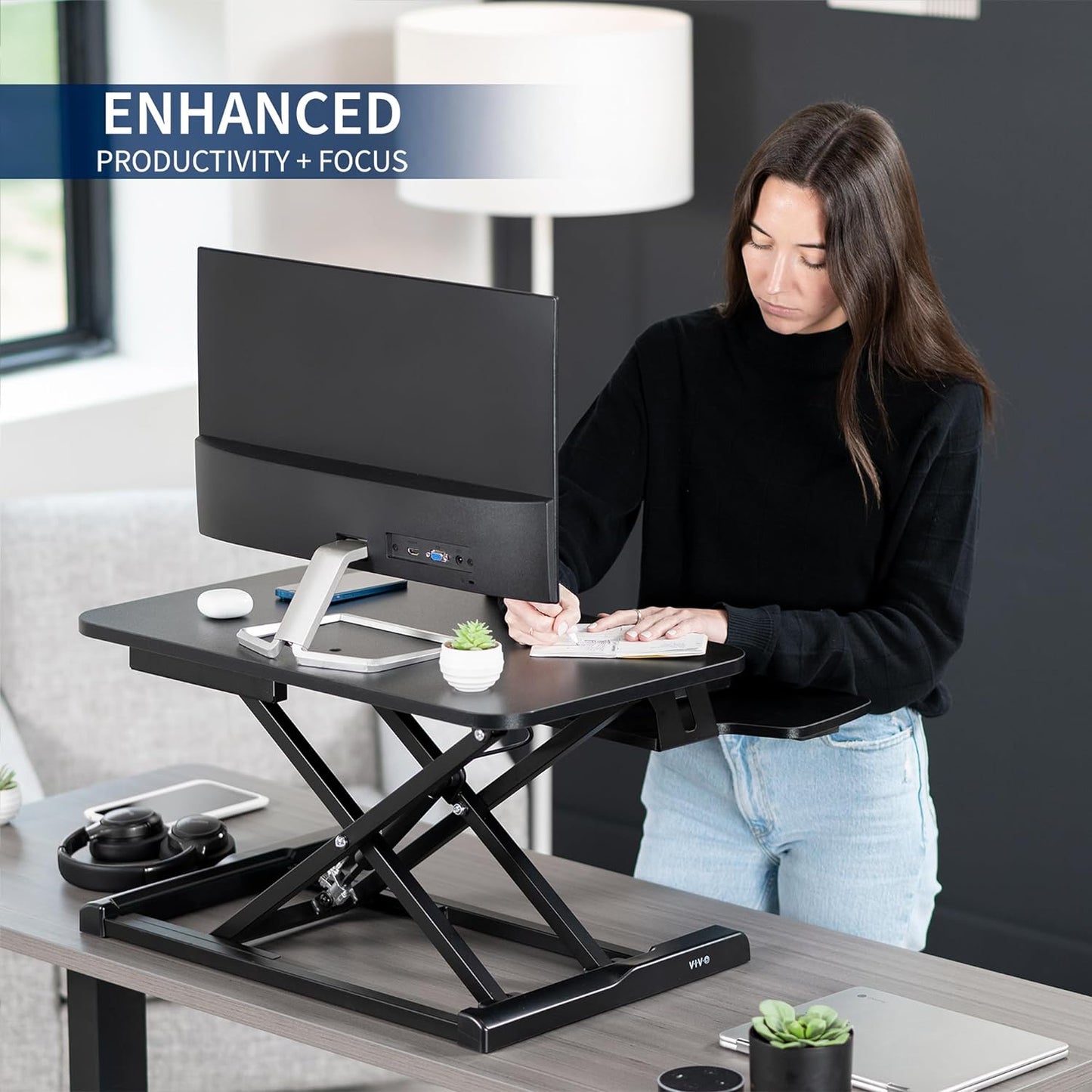 VIVO 26 inch Desk Converter, K Series, Height Adjustable Sit to Stand Riser, Dual Monitor and Laptop Workstation with Keyboard Tray, Black, DESK-V026KB