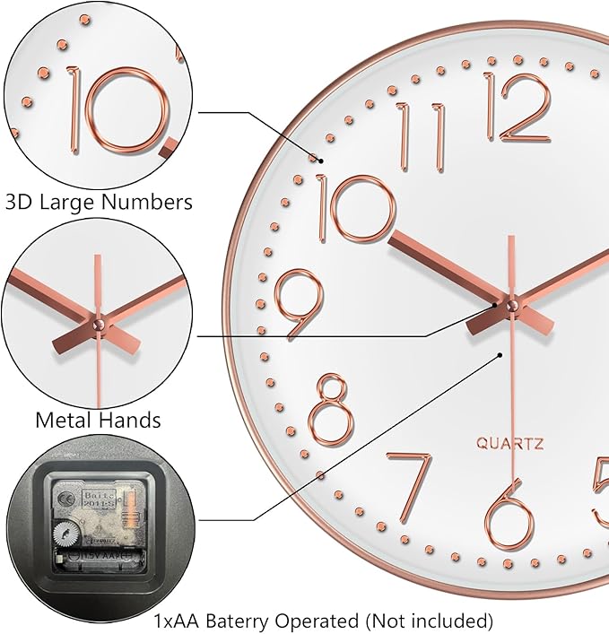 Wall Clock, Silent Wall Clocks Battery Operated 10 Inch- Modern Non Ticking Analog Clock with Large Numerals Tempered Glass Clocks for Bedroom, Living Room, Kitchen, Office Decor, Rose Gold